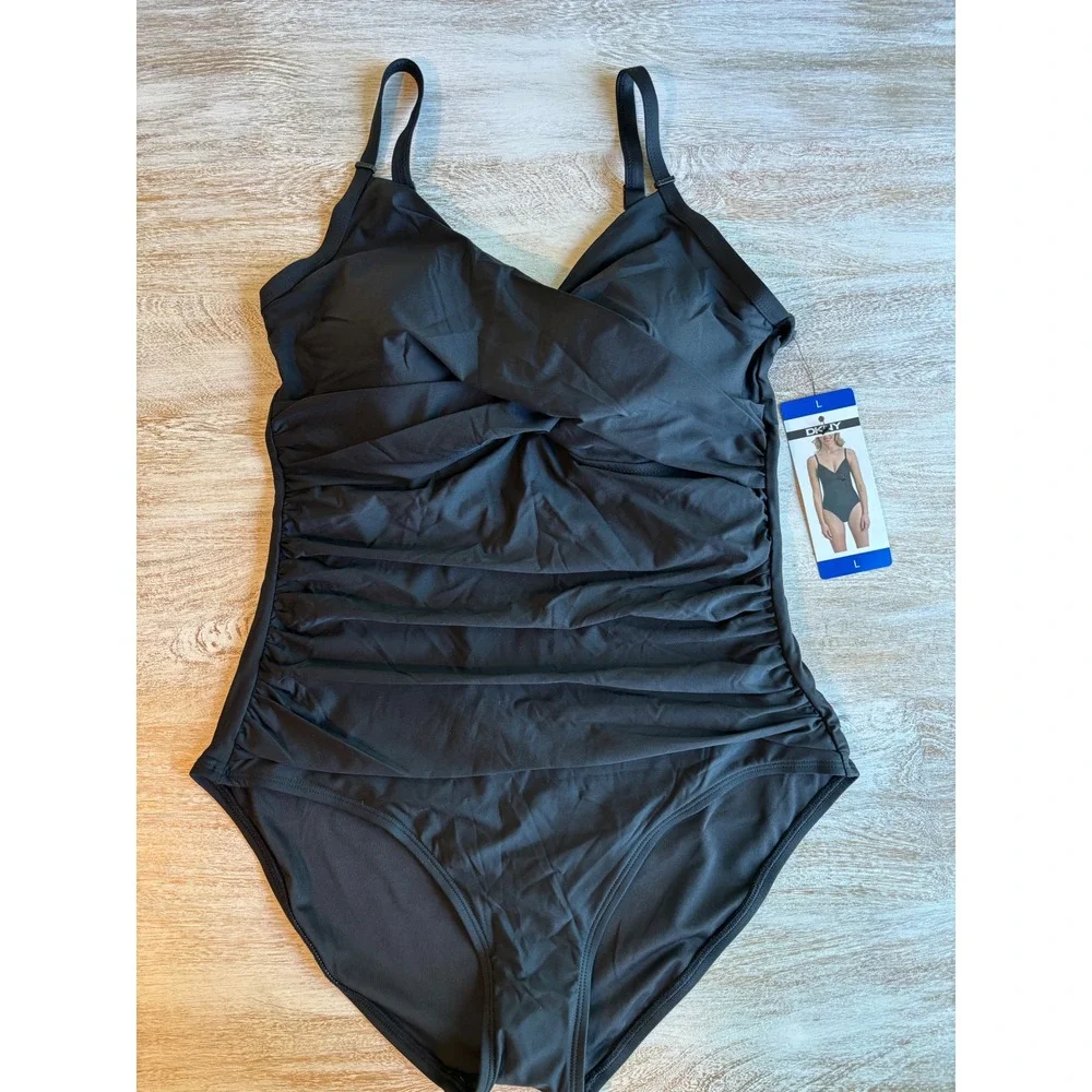 NWT DKNY One Piece Swimsuit Women Large Black Ruched Wrap Front Tummy Control - Picture 1 of 7